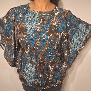 Chic Geometric Blue and Brown Blouse